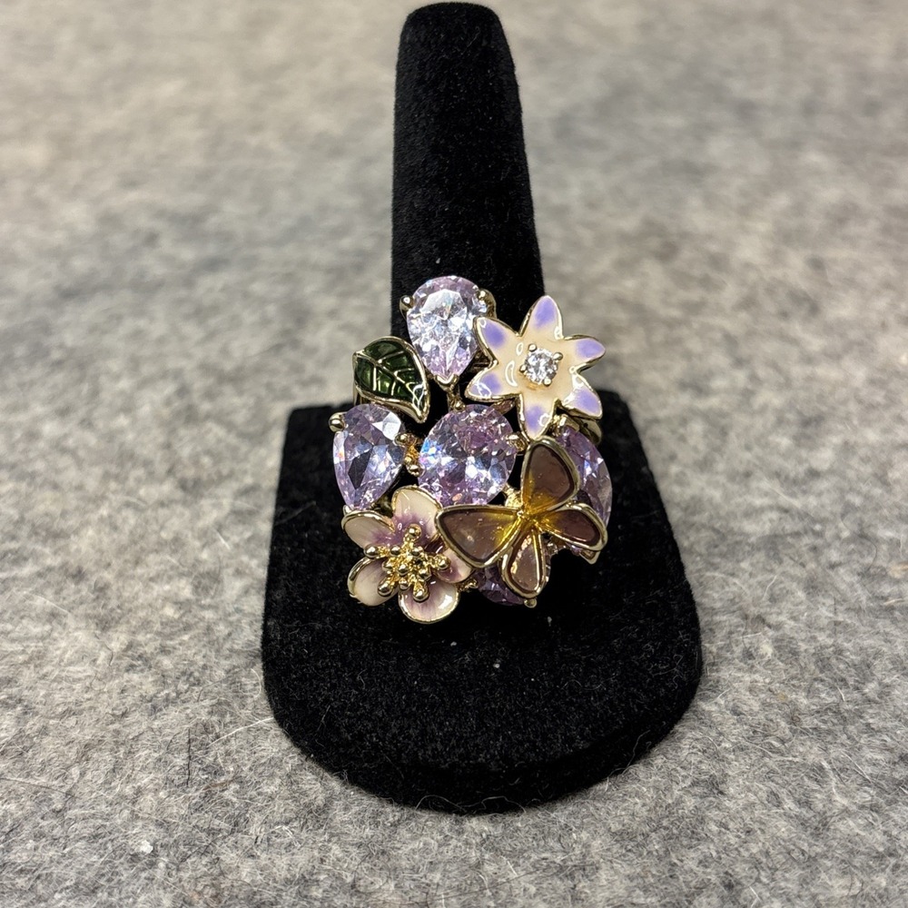 Vintage Amethyst Enamel Flower Butterfly Statement Ring Gold Tone Size 7 14g